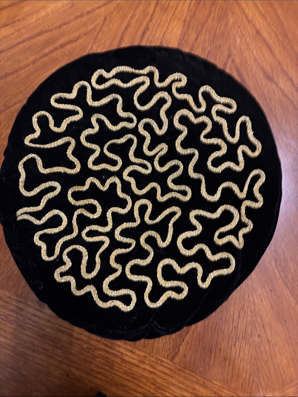 Black Velvet Decorative Accent Mat with Gold Embroidery